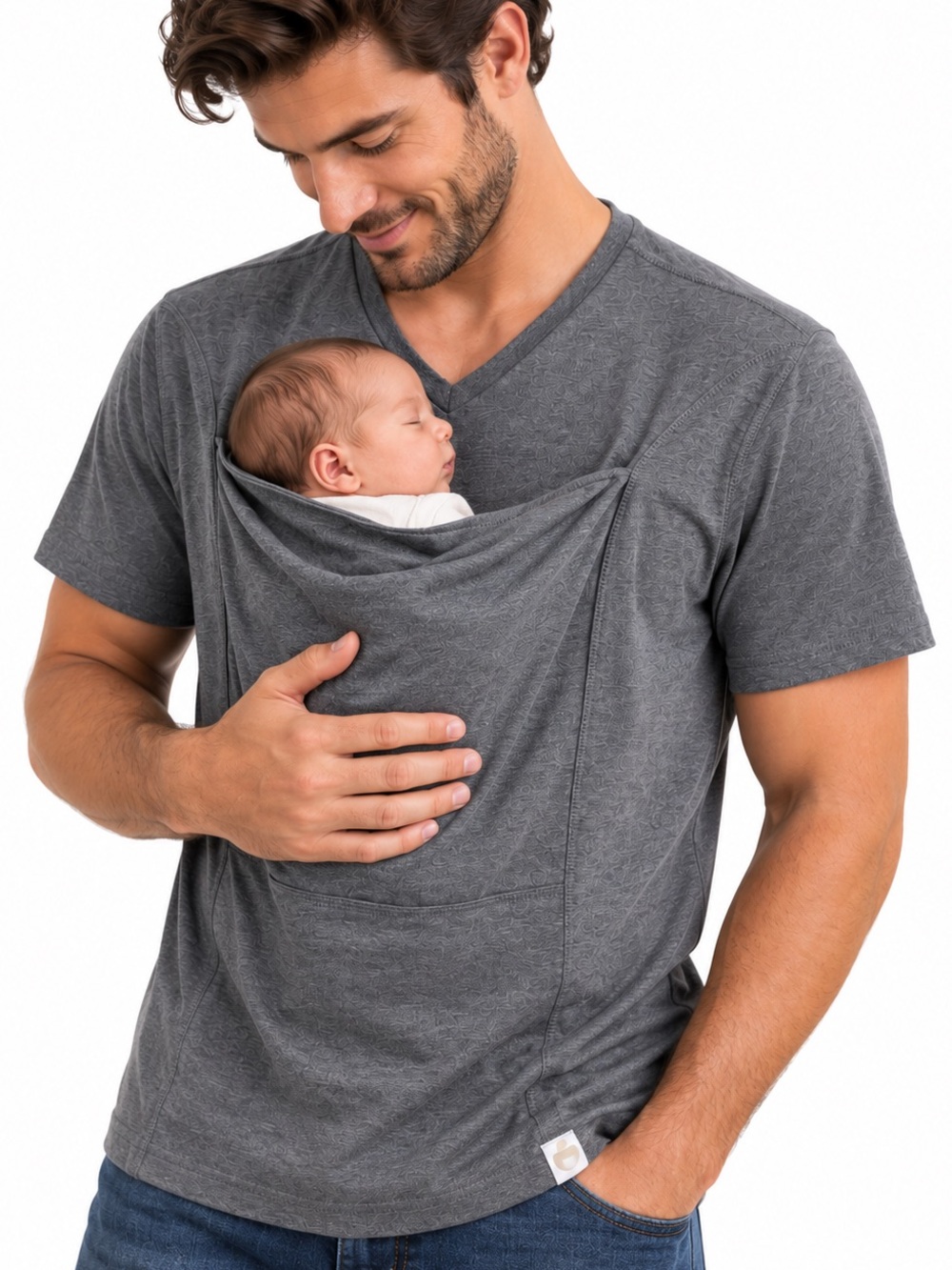 Lalabu Dad Shirt XL Gray Babywearing Kangaroo Pouch V-Neck Carrier Tee